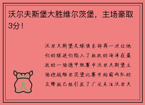 沃尔夫斯堡大胜维尔茨堡，主场豪取3分！