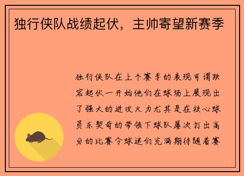 独行侠队战绩起伏，主帅寄望新赛季