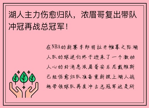 湖人主力伤愈归队，浓眉哥复出带队冲冠再战总冠军！
